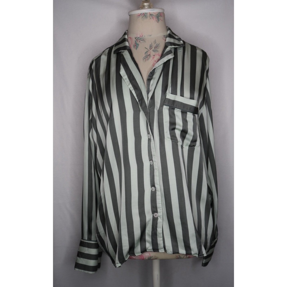 Anthropologie Gray Green Striped Button Up Blouse Casual Preppy Women's M EUC